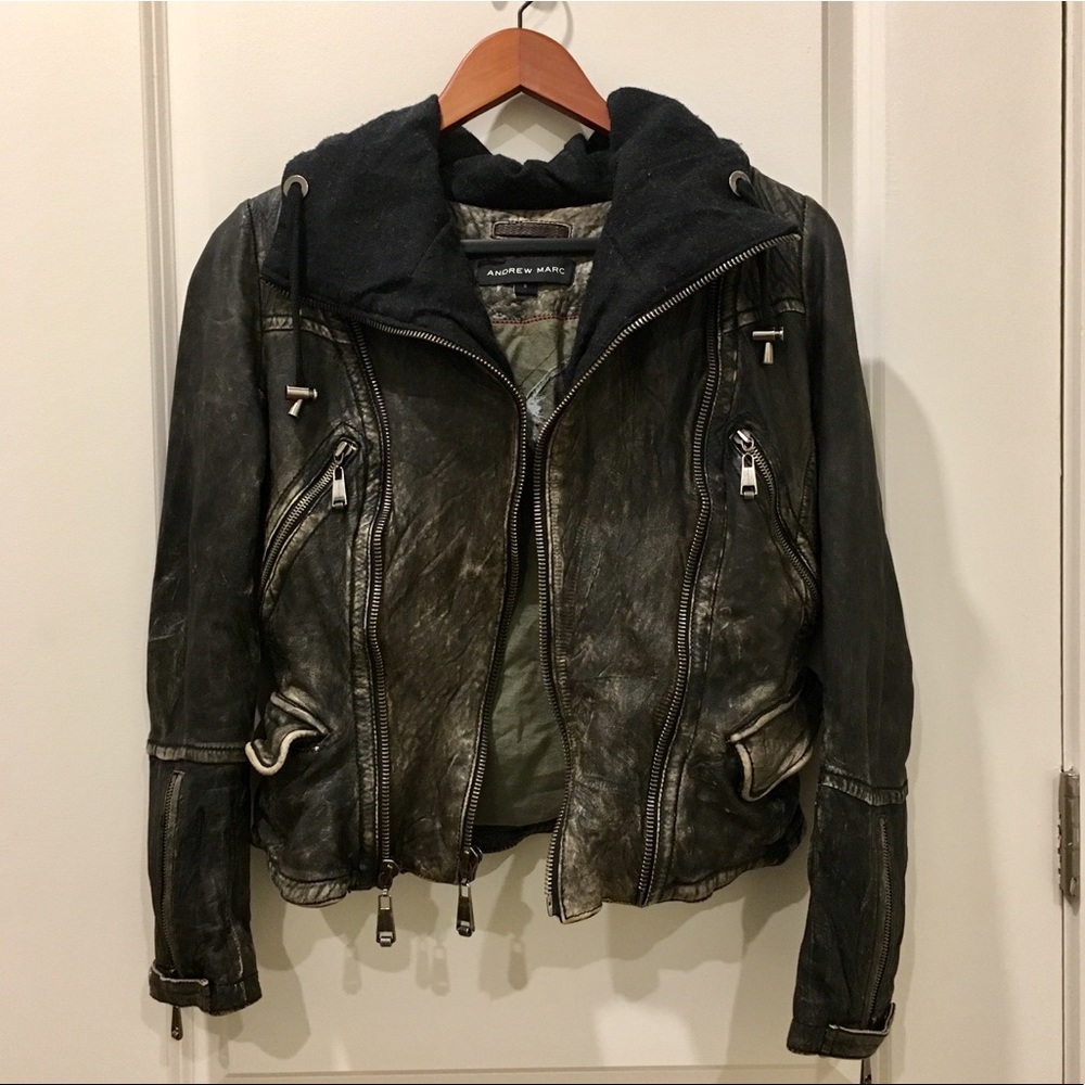 Andrew Marc Hooded Leather Jacket, Small
